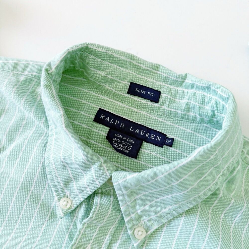 Womens Ralph Lauren Slim Fit Green Striped Flesh Pony Long Sleeve Shirt Size 12 - Picture 8 of 15